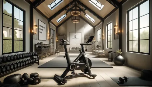 AI captures the essence of a modern, well-equipped home gym featuring a Peloton bike as the centerpiece. It's designed to inspire your next at-home workout session with an inviting and technologically...