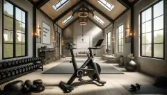AI captures the essence of a modern, well-equipped home gym featuring a Peloton bike as the centerpiece. It's designed to inspire your next at-home workout session with an inviting and technologically...