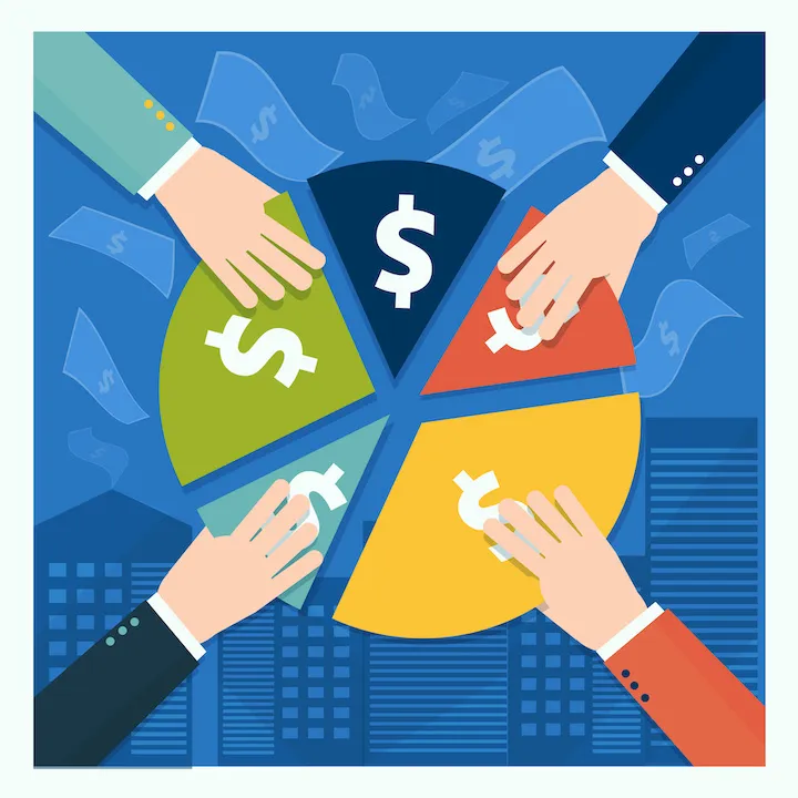 Hands holding pieces of a dollar pie signifying institutional share ownership