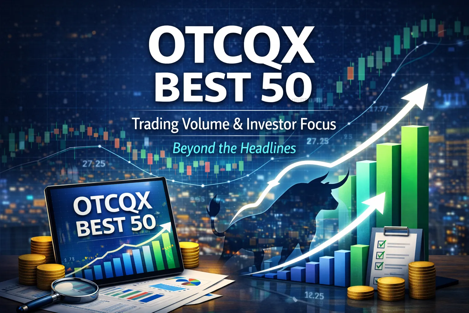OTCQX Best 50 illustration showing rising charts, trading data, and symbols of liquidity and investor focus.