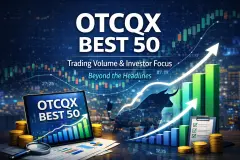 OTCQX Best 50 illustration showing rising charts, trading data, and symbols of liquidity and investor focus.