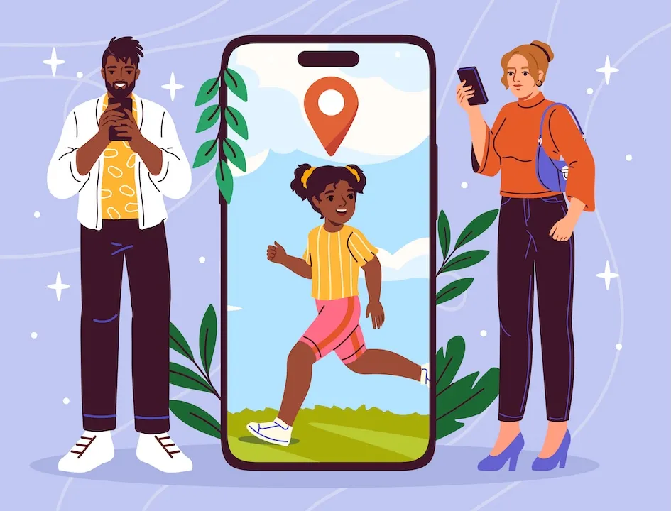 Monitoring whereabouts of child. Man and woman near huge smartphone look at daughter. 