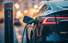 Electric car charging at gas station in the city. Eco concept. Power supply plugged into an electric car. The future of automobile.