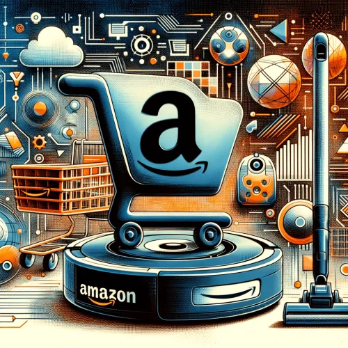 an AI image based on Amazon's acquisition of iRobot. The image artistically encapsulates the concept of Amazon's acquisition of iRobot. It showcases a stylized shopping cart, emblematic of Amazon's e-...