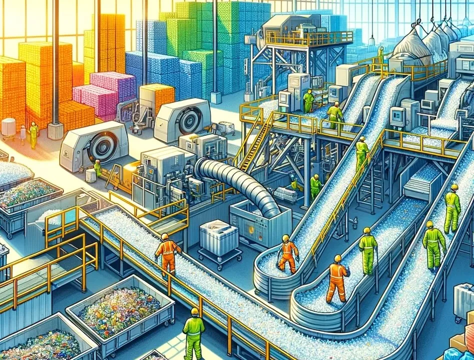 an image that vividly illustrates the plastic recycling process in a modern facility, highlighting the efficiency, sustainability, and environmental responsibility of this essential practice.