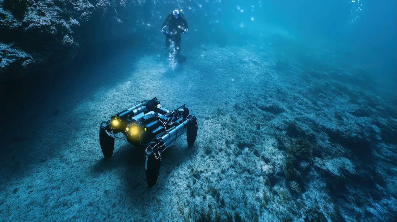 A researcher developing AI driven robots for underwater archaeology, futuristic marine research center with live sonar mapping,