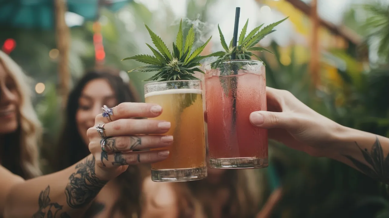 Joyful Cannabis Celebration with Refreshing Drinks and Friends