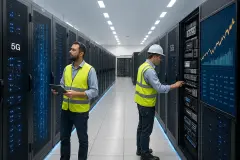 A modern telecommunications data center with rows of sleek server racks and 5G networking equipment, engineers in safety vests inspecting hardware