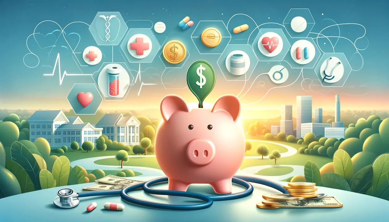 image depicting healthcare savings, combining medical elements with symbols of financial savings.