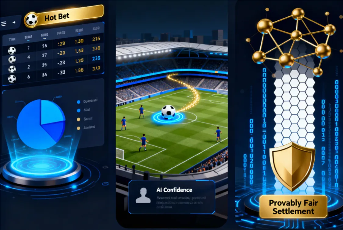 AI-powered sports betting interface showing live match predictions and blockchain transaction visualization