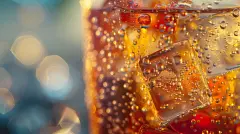 A close-up of a cold drink with ice cubes, the condensation dripping down the glass, providing a refreshing contrast to the heatwave outside.