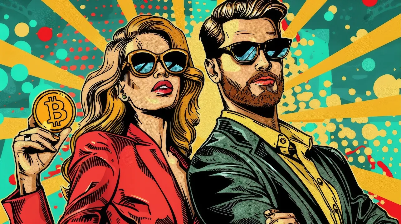 Eyecatching pop art card, young woman and man, both holding a Bitcoin, styled with bold comic patterns.