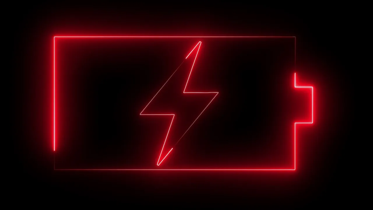 Lightning blinking bolt symbol Neon glowing battery charging icon with mobile concept. Neon battery icon Red color Battery Status Sign with black background.