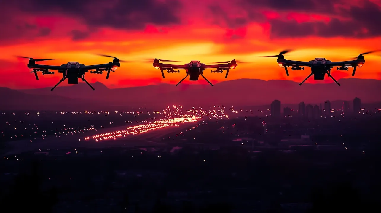 Three surveillance drones flying at sunset over cityscape