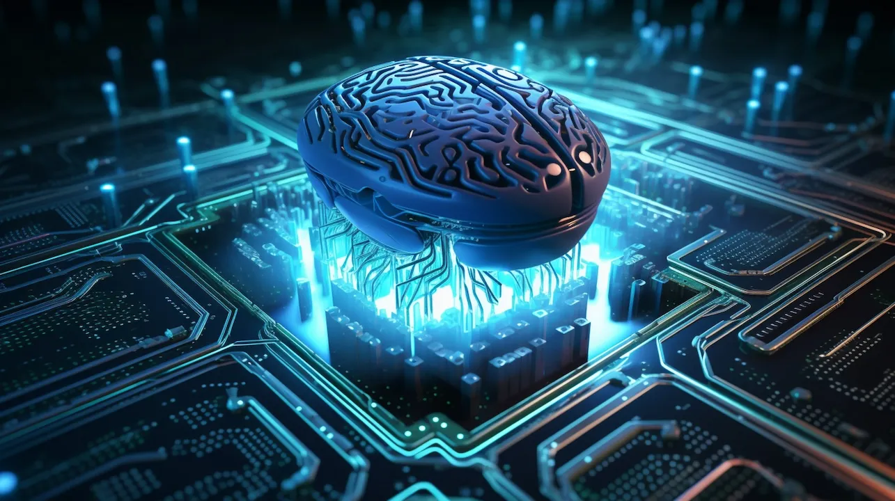 a big blue brain sitting on top of a circuit board and being covered by lines