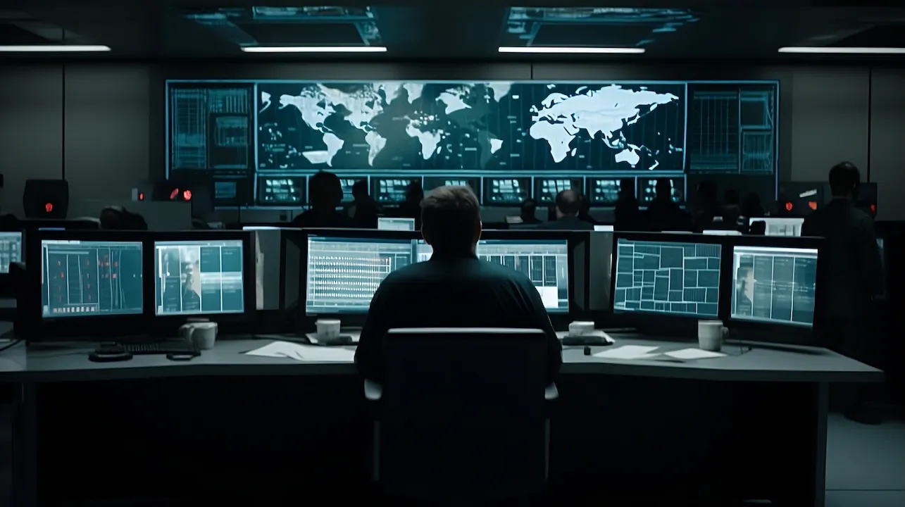 Computer Control Geopolitical Map on Large Screen with smaller screens below