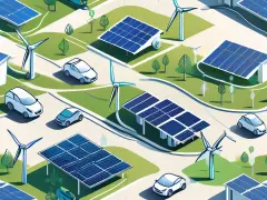 AI Illustration of clean technology cleantech including solar panels, windmills and EVs