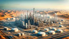 The generated image illustrates the Saudi Aramco oil refinery and storage tanks at Ras Tanura, capturing the industrial prowess and strategic significance of the facility in the global oil market.