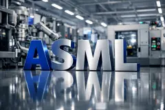 Metallic ASML letters inside a high-tech semiconductor manufacturing facility with advanced machinery