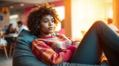Woman lounging on a beanbag in a sunlit café.