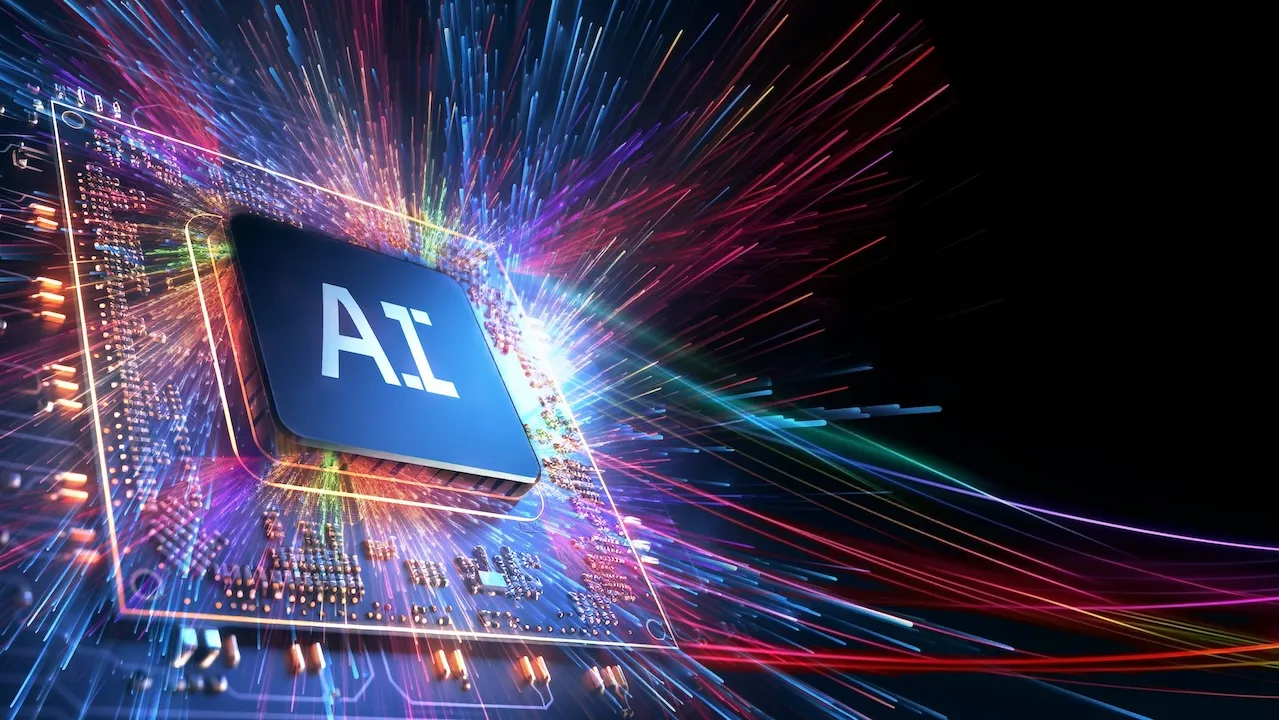 The image displays a circuit board with an "AI" chip at its center, surrounded by bursts of colorful light beams, symbolizing fast data processing and the dynamic nature of artificial intelligence tec...