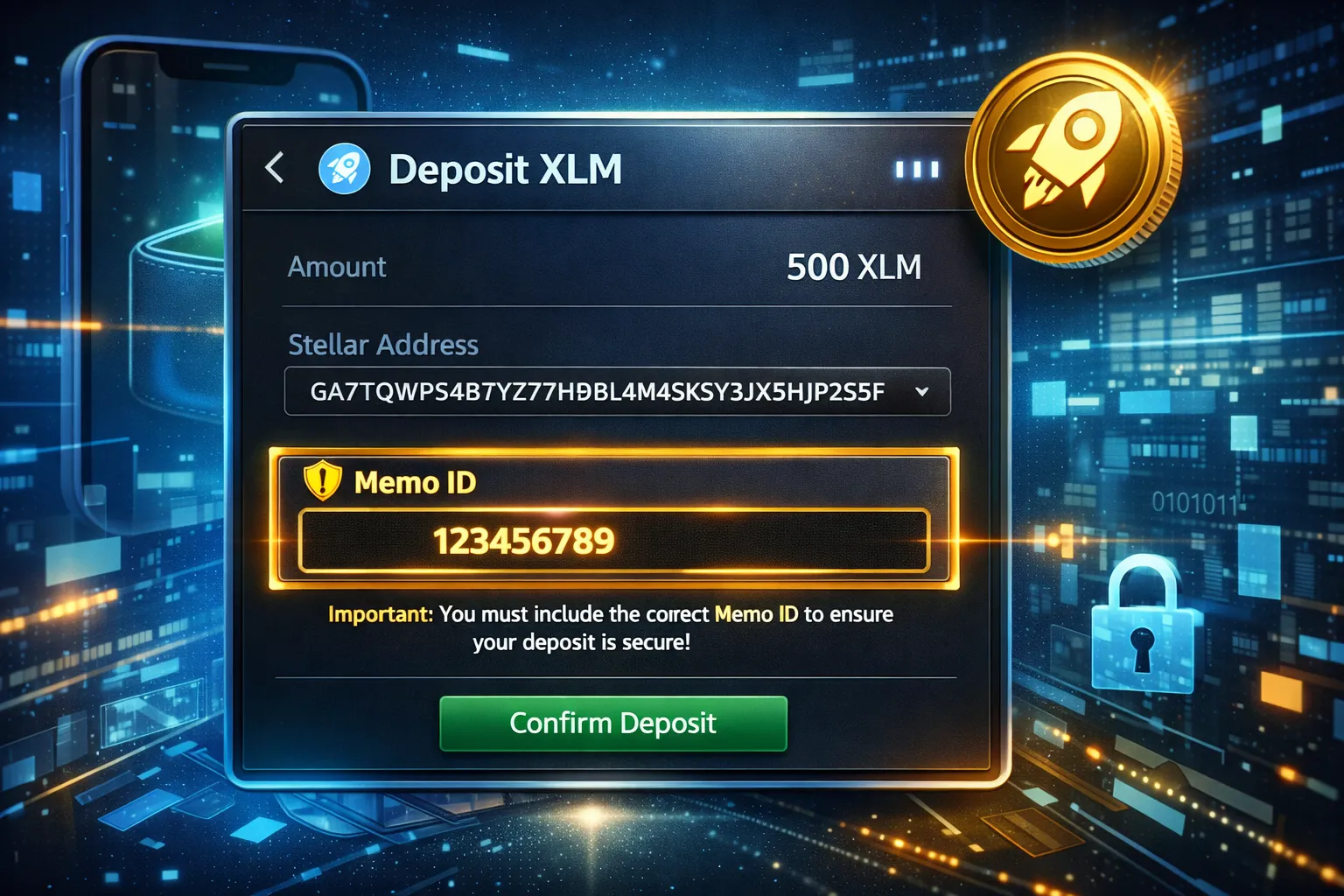 A digital wallet interface showing a Stellar XLM deposit with a highlighted Memo ID field for security.
