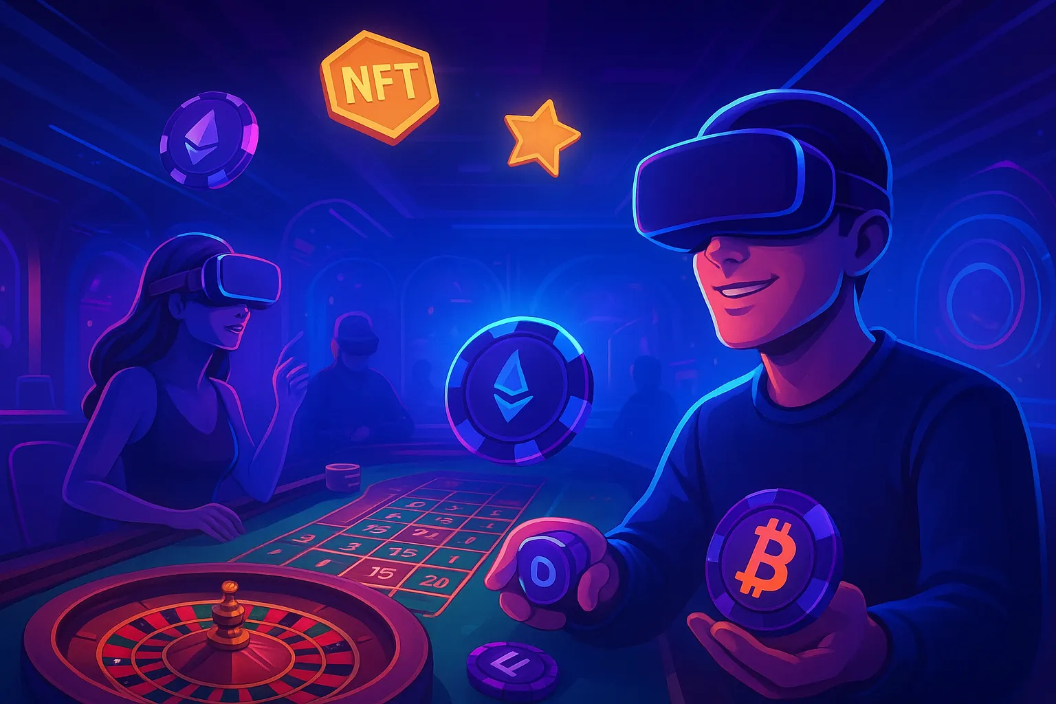 Metaverse casino in VR: avatars at roulette with crypto chips; showcases VR gambling and NFT VIP exclusivity