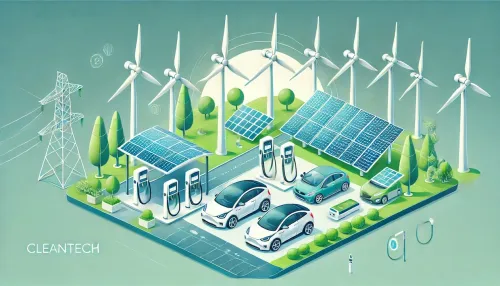 AI Illustration of cleantech with ev chargers, windmills, solar panels and trees