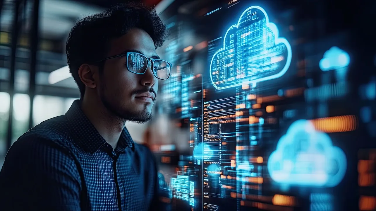 Full-stack developer working on cloud integration, coding in the background, modern software development process.