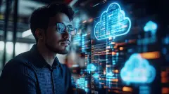 Full-stack developer working on cloud integration, coding in the background, modern software development process.