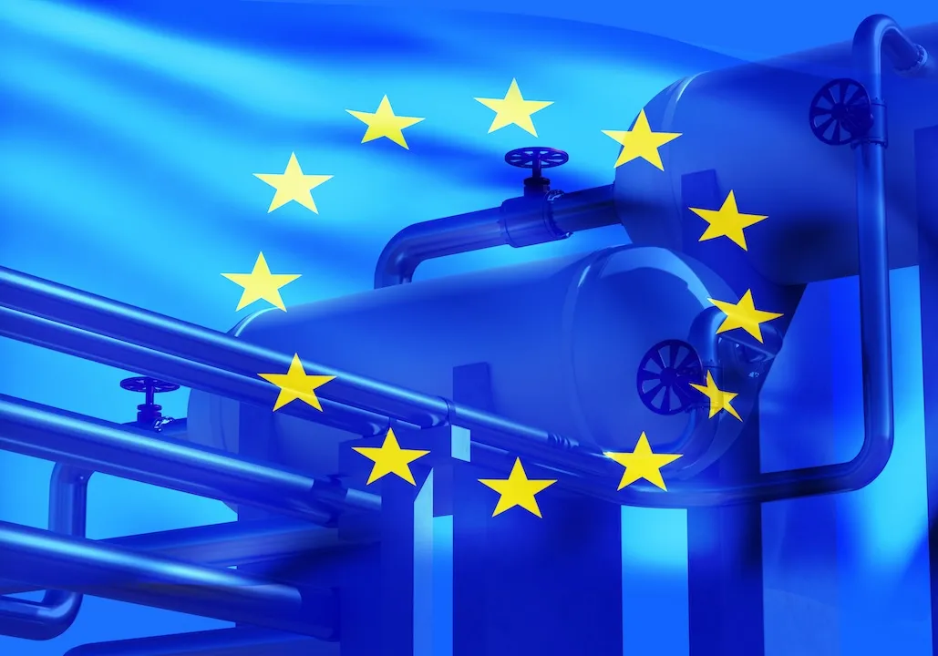 Gas industry of European Union. Equipment for LNG. Liquefied gas supplies to European Union. European alliance flag near gas pipes. LNG tanks with EU. LNG supply concept for industry. 3d rendering.