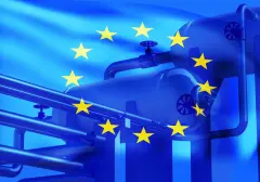 Gas industry of European Union. Equipment for LNG. Liquefied gas supplies to European Union. European alliance flag near gas pipes. LNG tanks with EU. LNG supply concept for industry. 3d rendering.