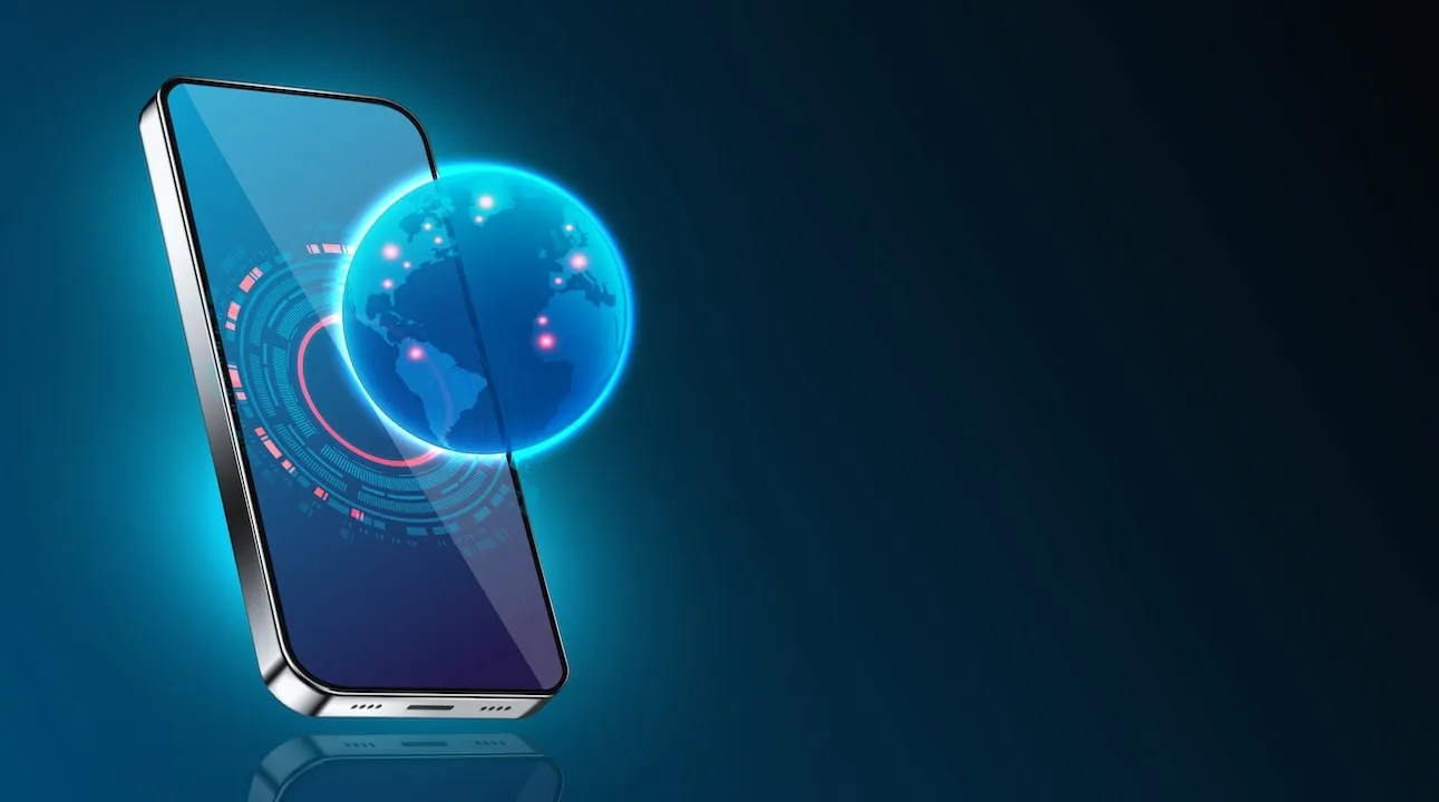 Smartphone Mobile global communications. World wide web on phone via wireless satellite network technology.