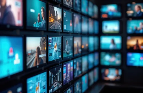 Wall of TVs displays various media content. Different tech screens show diverse images, videos. 