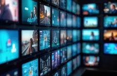 Wall of TVs displays various media content. Different tech screens show diverse images, videos. 