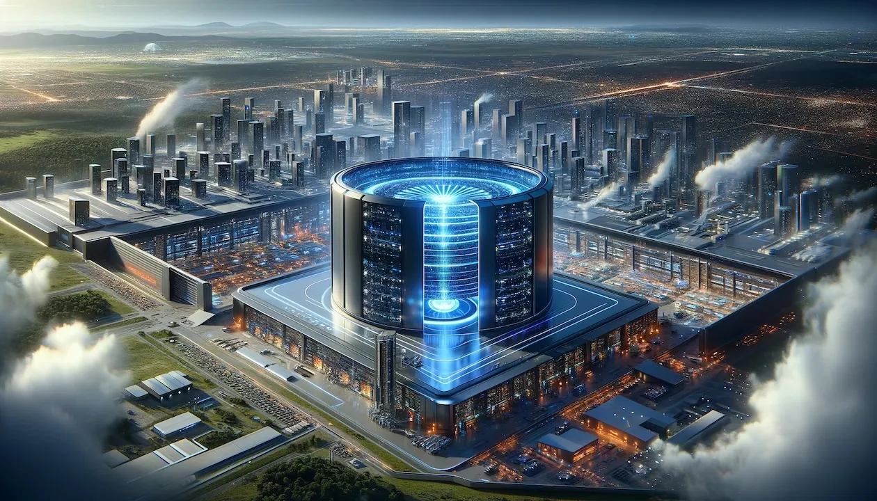 a DALL-E AI image depicting a futuristic data center with the "Stargate" supercomputer, showcasing the collaboration between Microsoft and OpenAI.