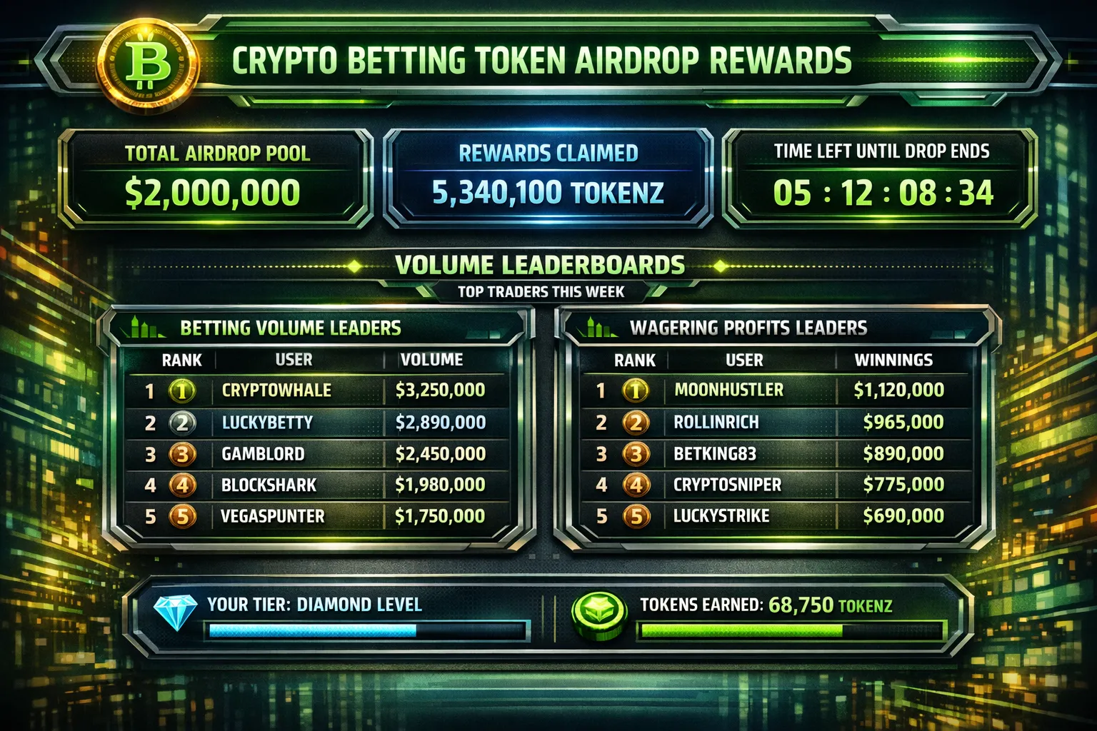 Crypto betting token airdrop rewards dashboard showing volume leaderboards