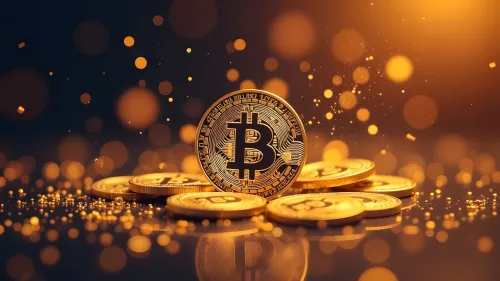 Golden bitcoin on table. Cryptocurrency concept. 3D Rendering 