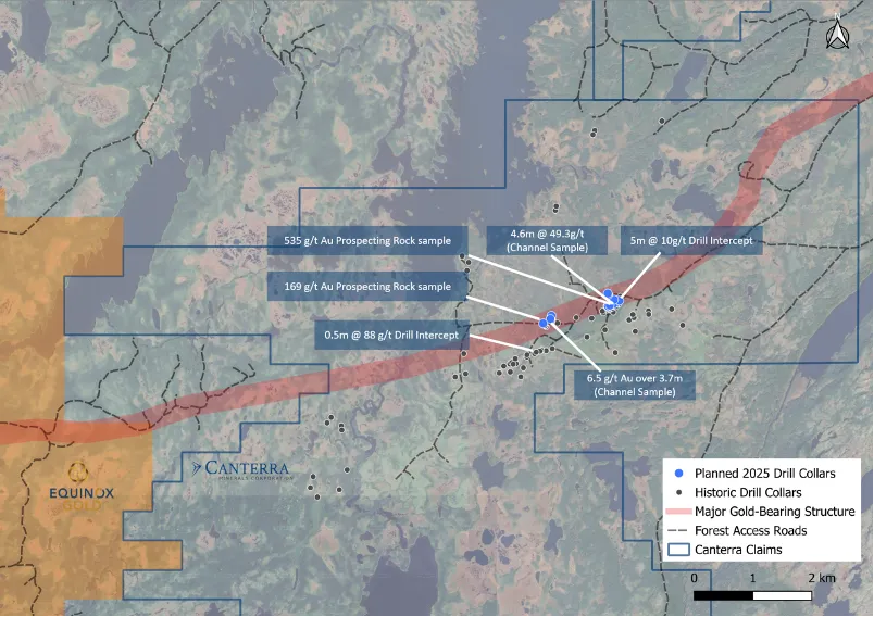 Canterra and previous operators drilling with prospecting highlights and 2025 proposed drill holes targeting extensional vein sets.