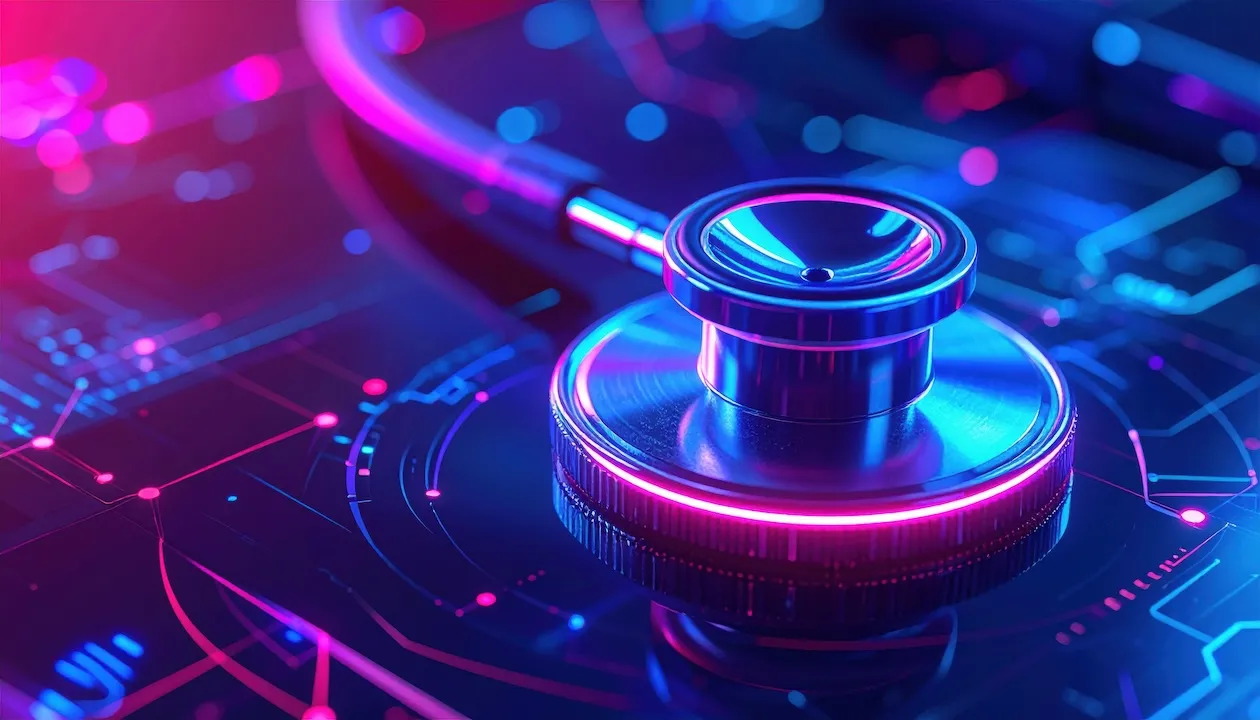 Digital Healthcare: A high-tech stethoscope rests on an illuminated circuit board, creating a visual metaphor for the intersection of medicine and technology, a futuristic