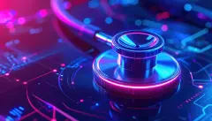 Digital Healthcare: A high-tech stethoscope rests on an illuminated circuit board, creating a visual metaphor for the intersection of medicine and technology, a futuristic
