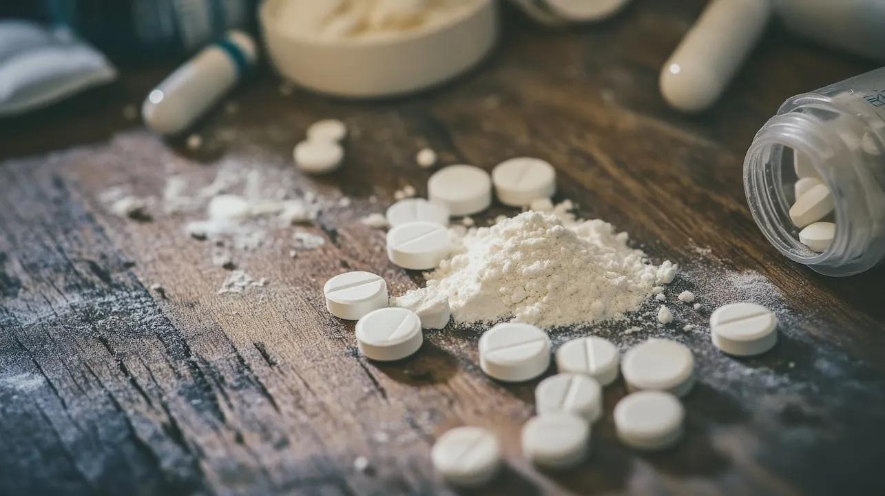 Opioid pills on a wooden table.