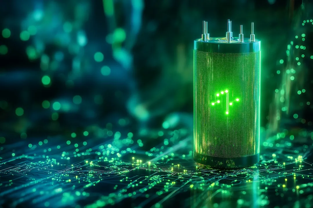 Glowing green power neon futuristic energy storage, high capacity rechargeable lithium ion battery