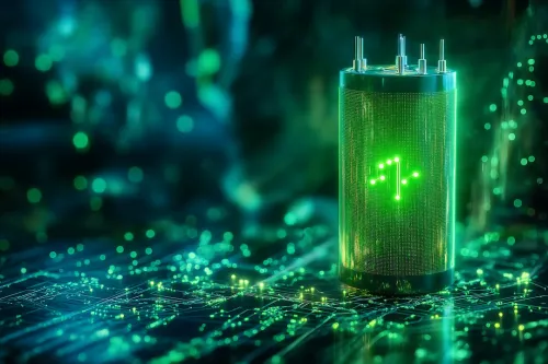 Glowing green power neon futuristic energy storage, high capacity rechargeable lithium ion battery