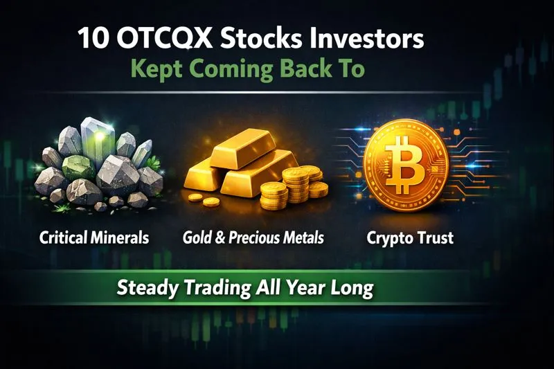 Infographic with icons for Critical Minerals, Gold, and Crypto Trust, labeled "10 OTCQX Stocks Investors Kept Coming Back To."