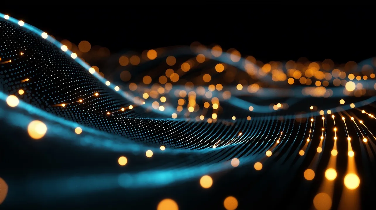 Using a cyber network grid and connected particles, this background shows an abstract quantum computing system featuring artificial neurons 