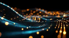 Using a cyber network grid and connected particles, this background shows an abstract quantum computing system featuring artificial neurons 