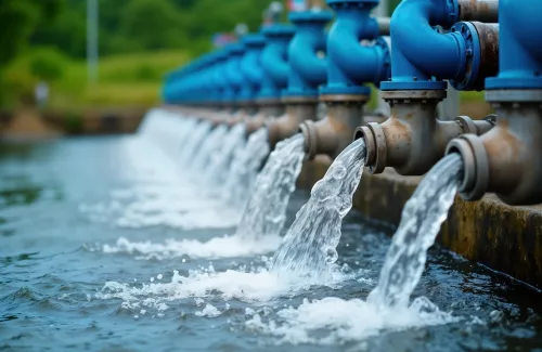 Purified water flows from pipes into river. Water treatment plant releases clean water. 