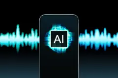 AI deep fake or voice. Translate speech and language. Music or sound generator. Deepfake or audio clone scam. Artificial intelligence technology in phone app. Talk recognition robot. 