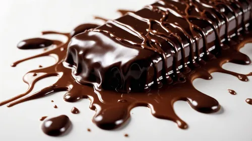 Delicious chocolate bar melting into a rich, smooth pool of gooey, creamy chocolate sauce.